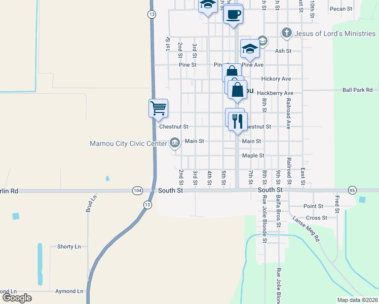 map of restaurants, bars, coffee shops, grocery stores, and more near 200-298 Main Street in Mamou