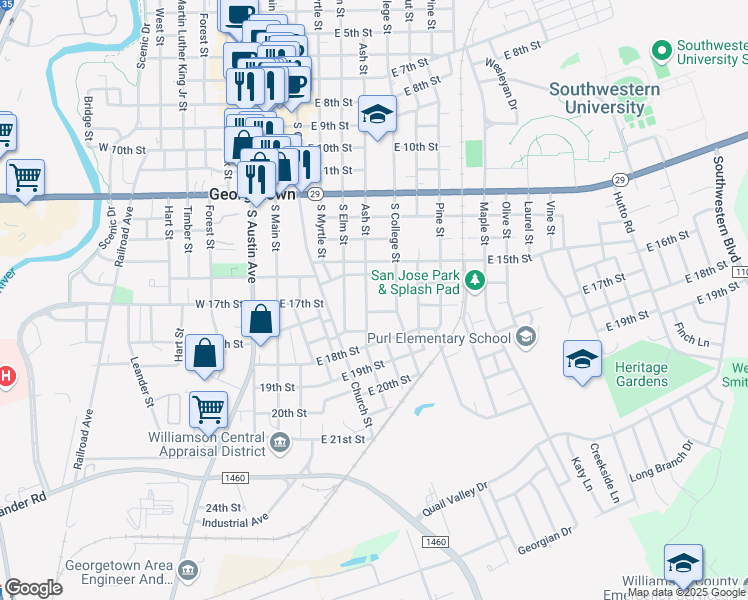 map of restaurants, bars, coffee shops, grocery stores, and more near 1531 Ash Street in Georgetown