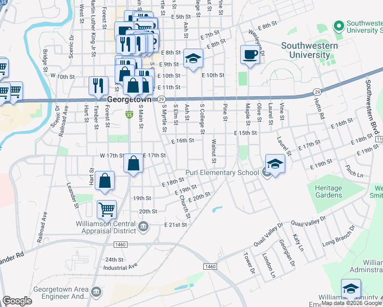 map of restaurants, bars, coffee shops, grocery stores, and more near 1531 Ash Street in Georgetown