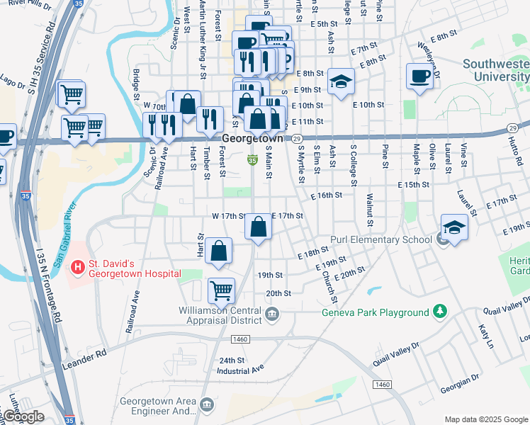 map of restaurants, bars, coffee shops, grocery stores, and more near 1602 South Main Street in Georgetown