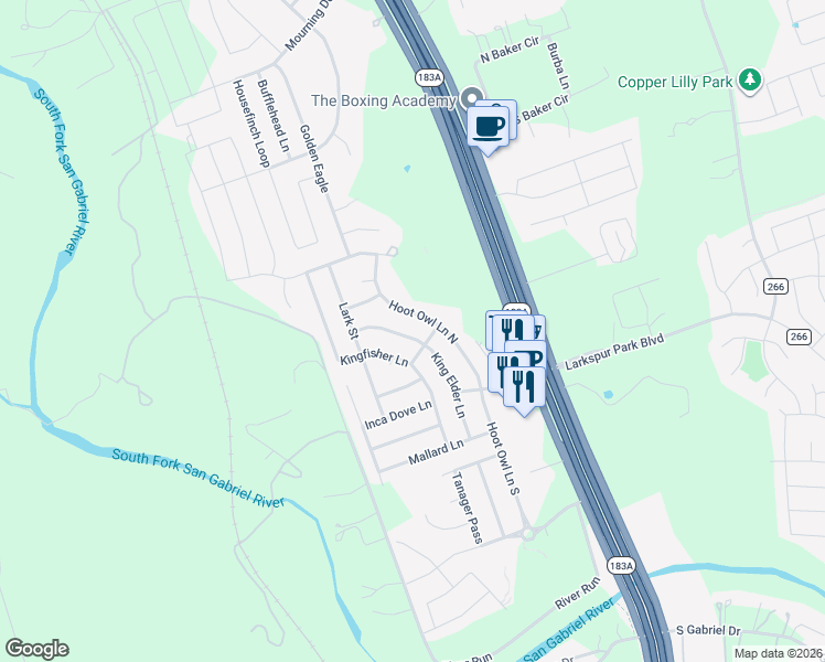 map of restaurants, bars, coffee shops, grocery stores, and more near 212 Hoot Owl Lane South in Leander