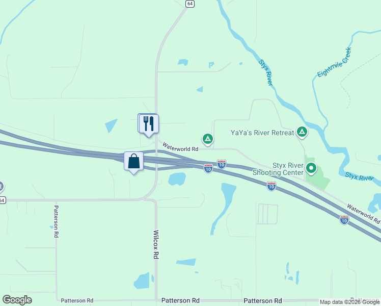 map of restaurants, bars, coffee shops, grocery stores, and more near 24200 Waterworld Road in Robertsdale