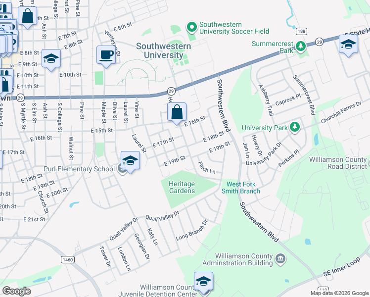 map of restaurants, bars, coffee shops, grocery stores, and more near 1701 East 18th Street in Georgetown