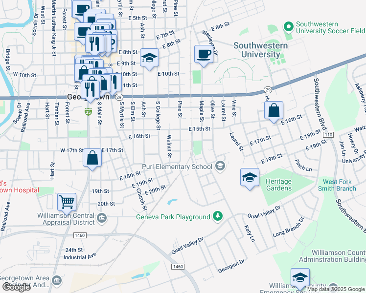 map of restaurants, bars, coffee shops, grocery stores, and more near 1605 Pine Street in Georgetown
