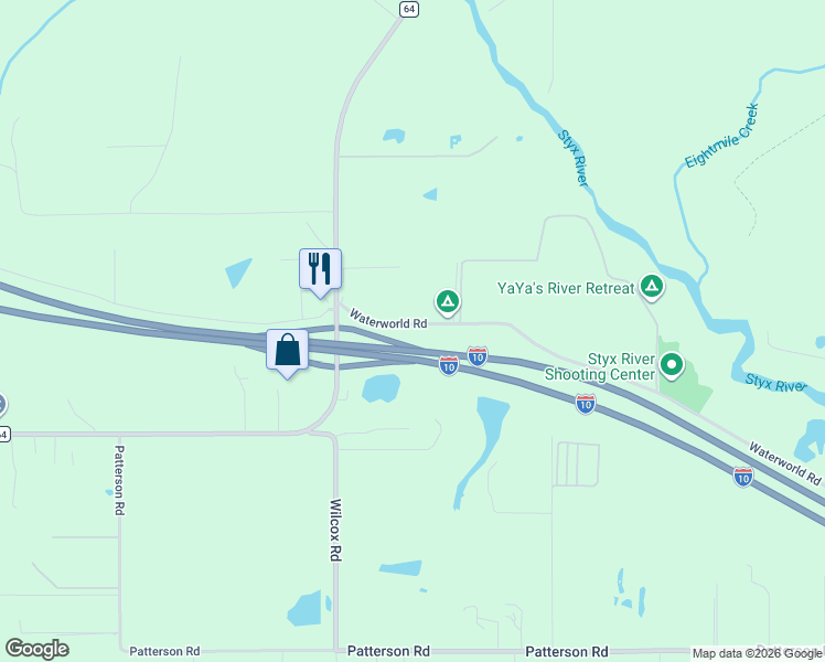 map of restaurants, bars, coffee shops, grocery stores, and more near 24200 Waterworld Road in Robertsdale