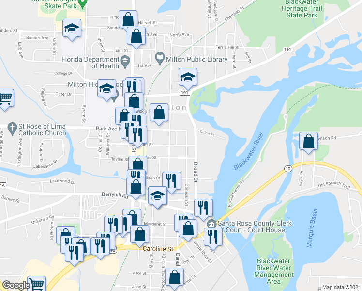 map of restaurants, bars, coffee shops, grocery stores, and more near 6835 Hunt Street in Milton