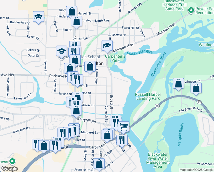 map of restaurants, bars, coffee shops, grocery stores, and more near 5387 Broad Street in Milton