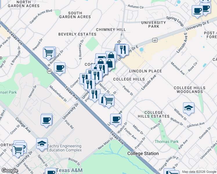 map of restaurants, bars, coffee shops, grocery stores, and more near 609 Turner Street in College Station