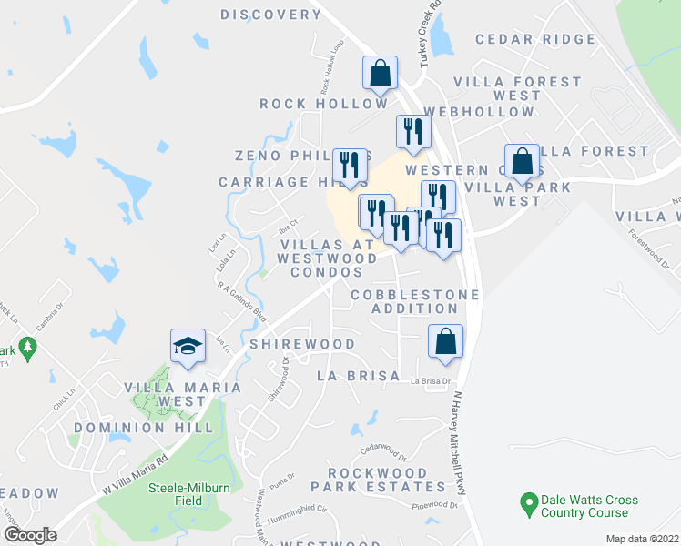 map of restaurants, bars, coffee shops, grocery stores, and more near 1872 West Villa Maria Road in Bryan