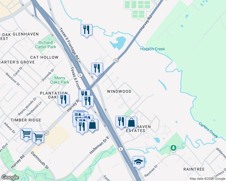 map of restaurants, bars, coffee shops, grocery stores, and more near Appomattox Drive in College Station