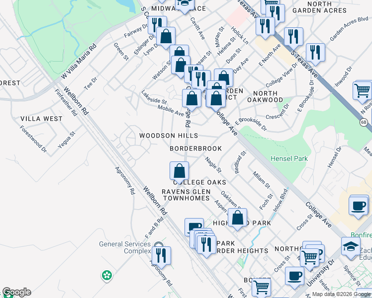 map of restaurants, bars, coffee shops, grocery stores, and more near 4110 Old College Road in Bryan