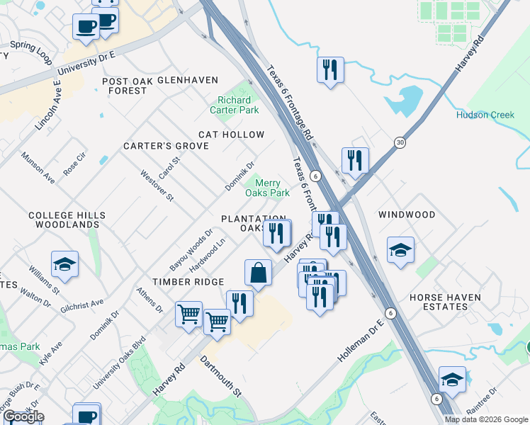 map of restaurants, bars, coffee shops, grocery stores, and more near 1502 Merry Oaks Drive in College Station