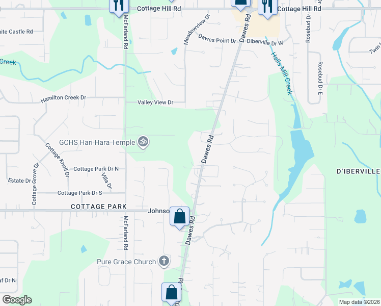 map of restaurants, bars, coffee shops, grocery stores, and more near 2500-2540 Dawes Road in Mobile