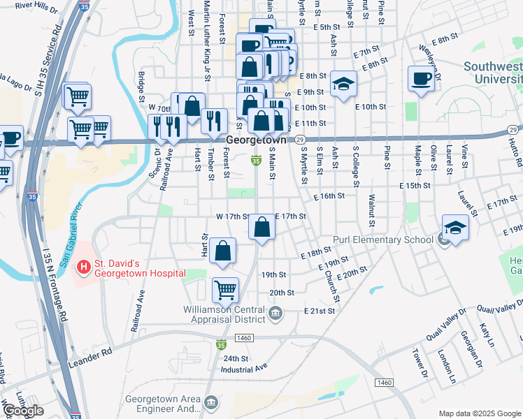 map of restaurants, bars, coffee shops, grocery stores, and more near 1602 South Main Street in Georgetown