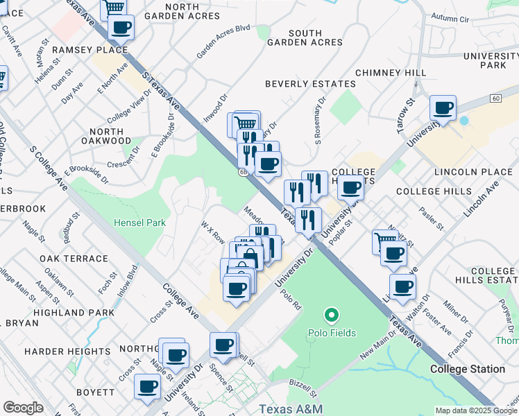 map of restaurants, bars, coffee shops, grocery stores, and more near 154 Meadowland Street in College Station