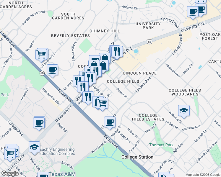 map of restaurants, bars, coffee shops, grocery stores, and more near 609 Turner Street in College Station