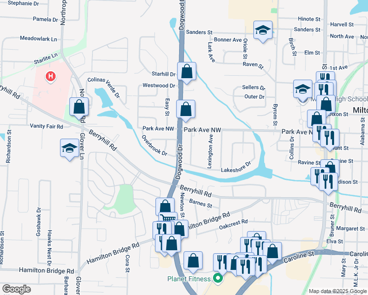map of restaurants, bars, coffee shops, grocery stores, and more near 5362 Dogwood Drive in Milton