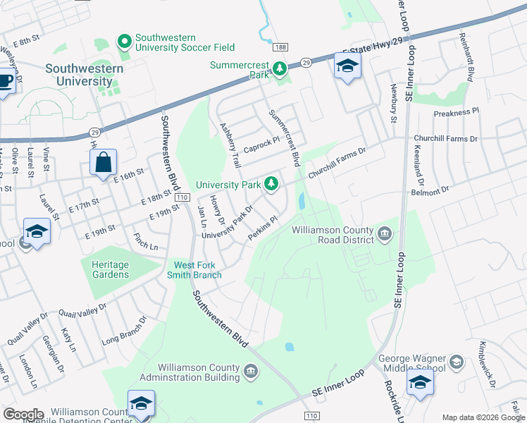 map of restaurants, bars, coffee shops, grocery stores, and more near 2322 Kuykendall Drive in Georgetown