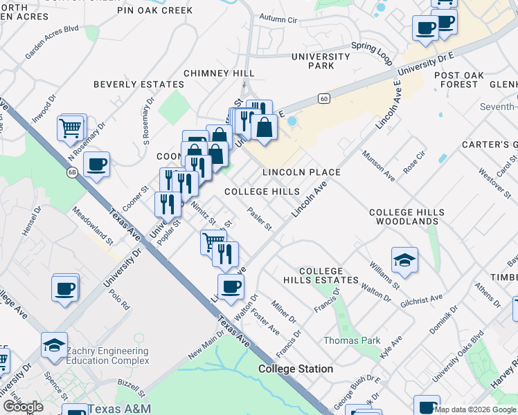 map of restaurants, bars, coffee shops, grocery stores, and more near 621 Pasler Street in College Station