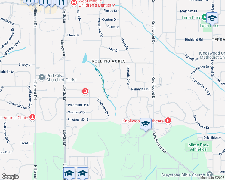 map of restaurants, bars, coffee shops, grocery stores, and more near 5928 Rio Vista Drive in Mobile