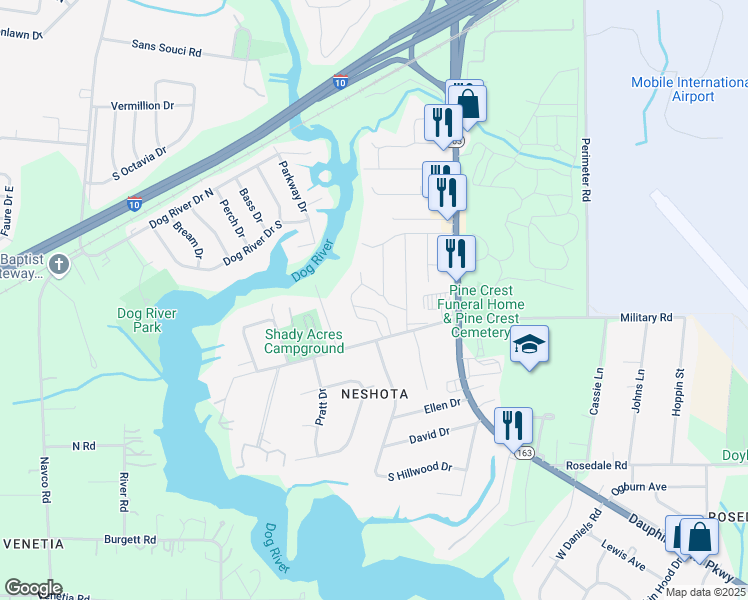 map of restaurants, bars, coffee shops, grocery stores, and more near 1921 Pinecrest Lane in Mobile
