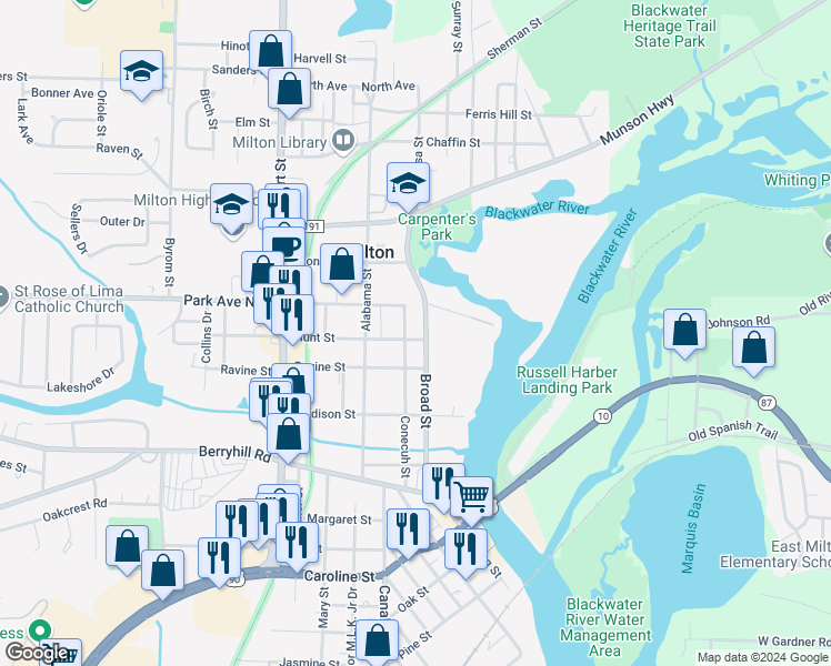 map of restaurants, bars, coffee shops, grocery stores, and more near 5387 Broad Street in Milton