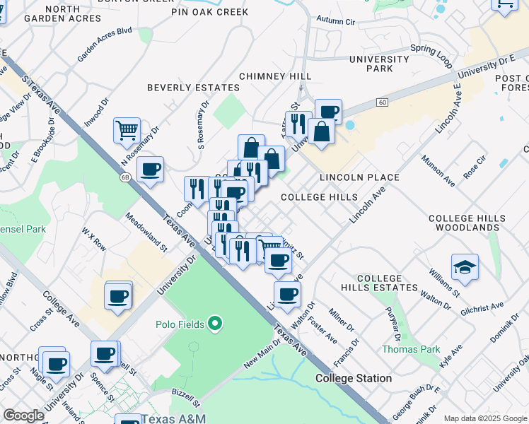 map of restaurants, bars, coffee shops, grocery stores, and more near 503 Nimitz Street in College Station