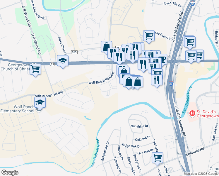 map of restaurants, bars, coffee shops, grocery stores, and more near Wolf Ranch Parkway in Georgetown