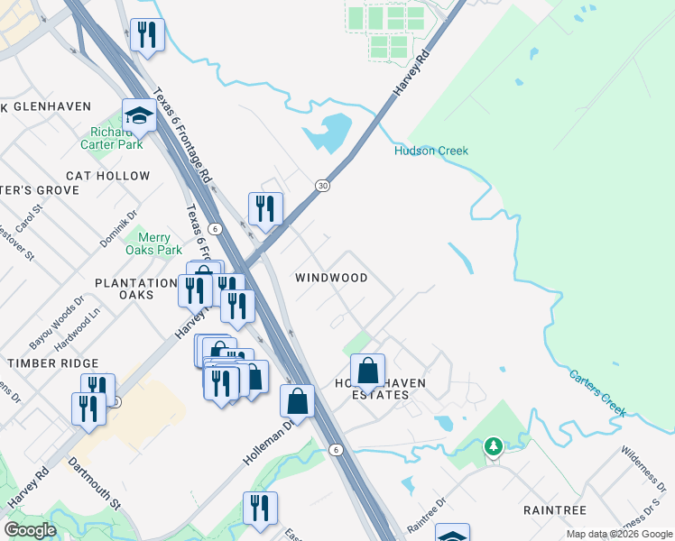 map of restaurants, bars, coffee shops, grocery stores, and more near 6402 Windwood Drive in College Station