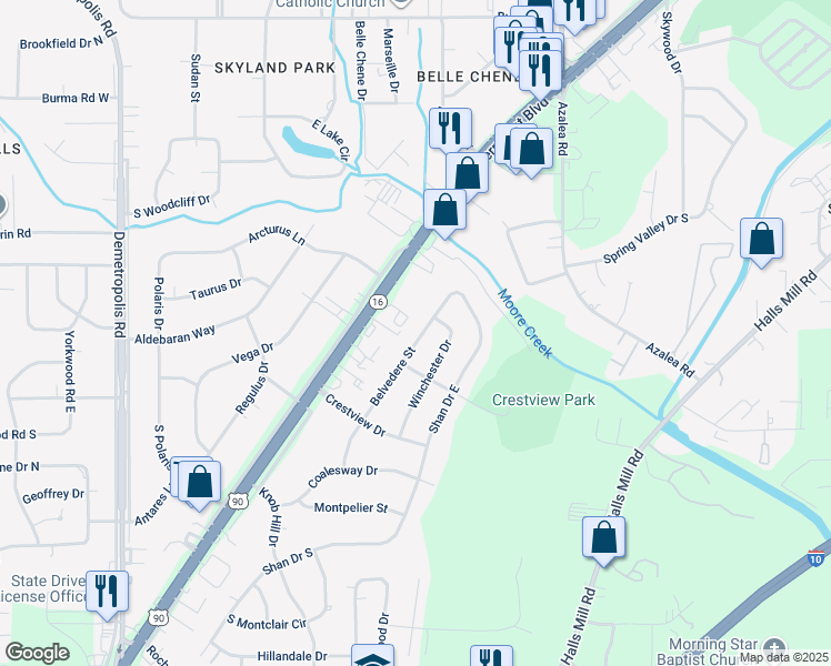 map of restaurants, bars, coffee shops, grocery stores, and more near 4156 Belvedere Street in Mobile