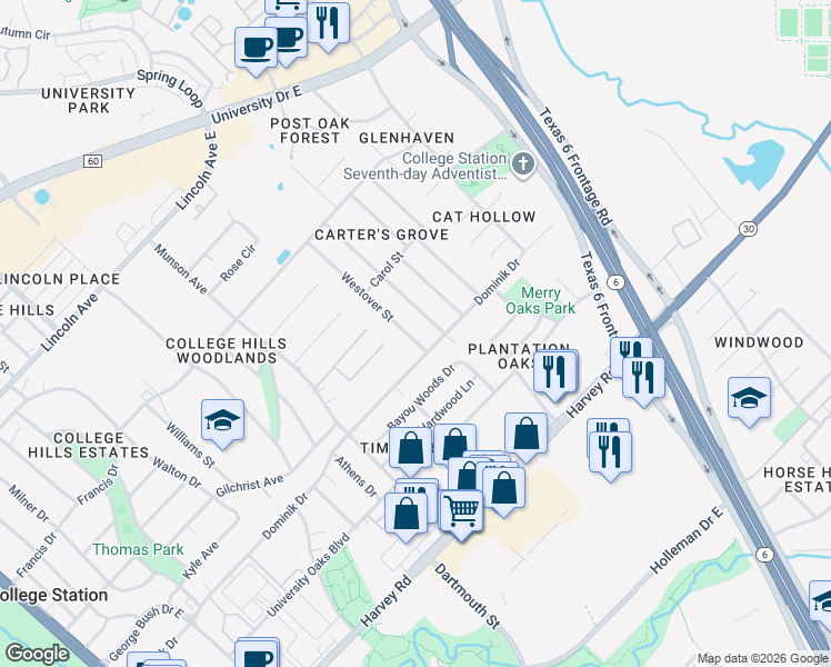 map of restaurants, bars, coffee shops, grocery stores, and more near 1219 Westover Street in College Station
