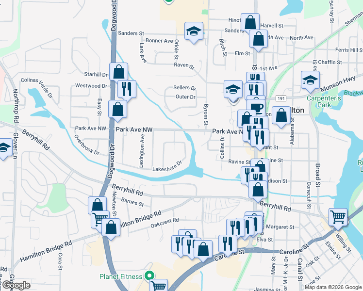 map of restaurants, bars, coffee shops, grocery stores, and more near 6596 Lakeshore Drive in Milton