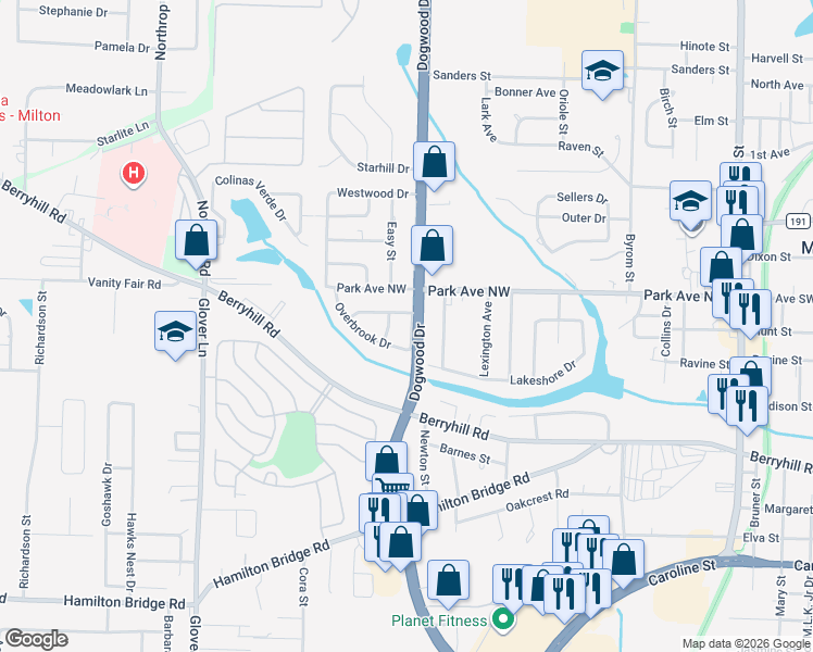 map of restaurants, bars, coffee shops, grocery stores, and more near 5362 Dogwood Drive in Milton