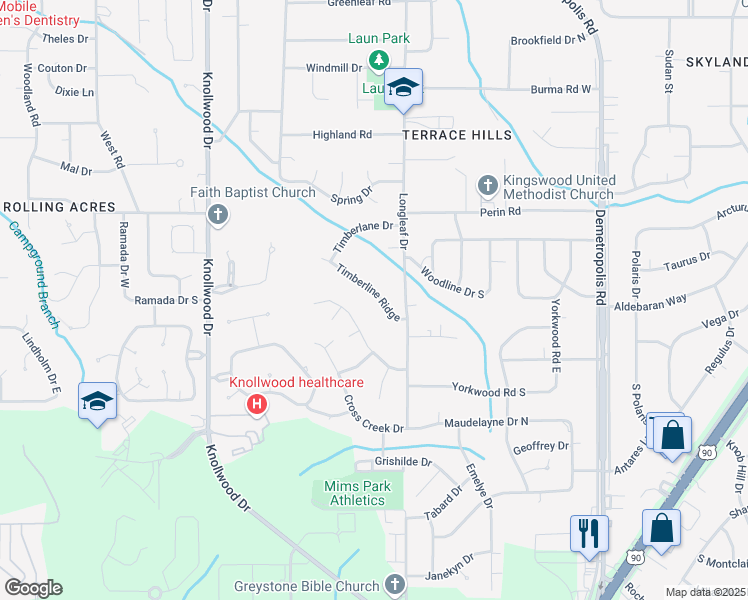 map of restaurants, bars, coffee shops, grocery stores, and more near 5375 Timberline Ridge in Mobile