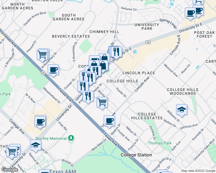 map of restaurants, bars, coffee shops, grocery stores, and more near 609 Turner Street in College Station