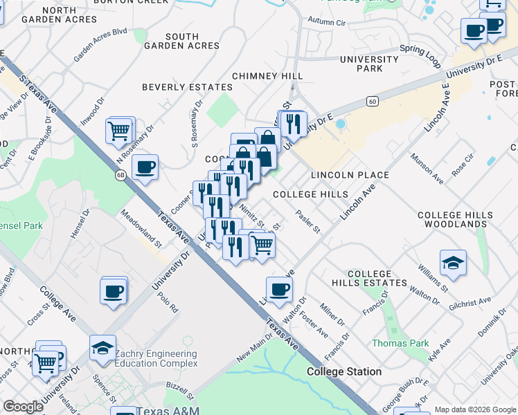 map of restaurants, bars, coffee shops, grocery stores, and more near 503 Nimitz Street in College Station