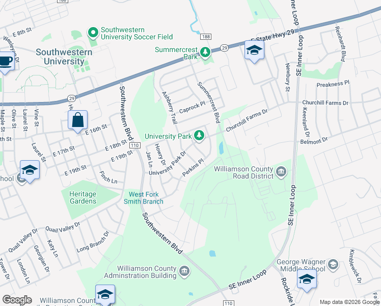 map of restaurants, bars, coffee shops, grocery stores, and more near 2322 Kuykendall Drive in Georgetown