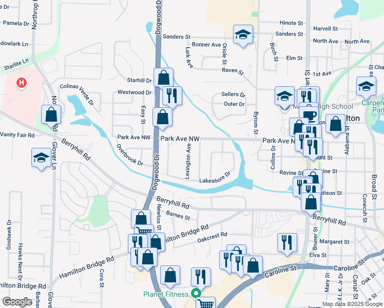 map of restaurants, bars, coffee shops, grocery stores, and more near 5379 Ticonderoga Street in Milton