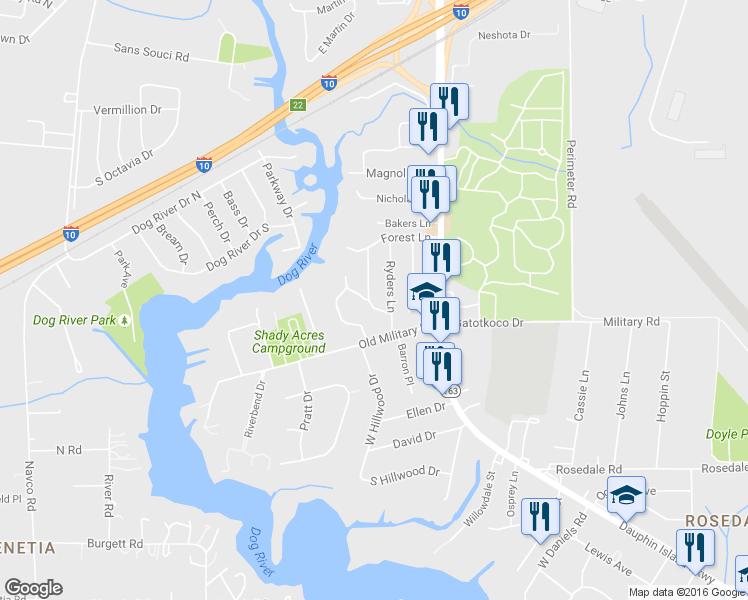 map of restaurants, bars, coffee shops, grocery stores, and more near 1921 Pinecrest Lane in Mobile