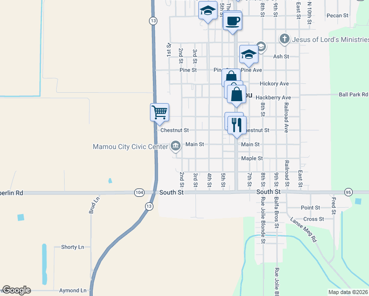 map of restaurants, bars, coffee shops, grocery stores, and more near 200 Main Street in Mamou