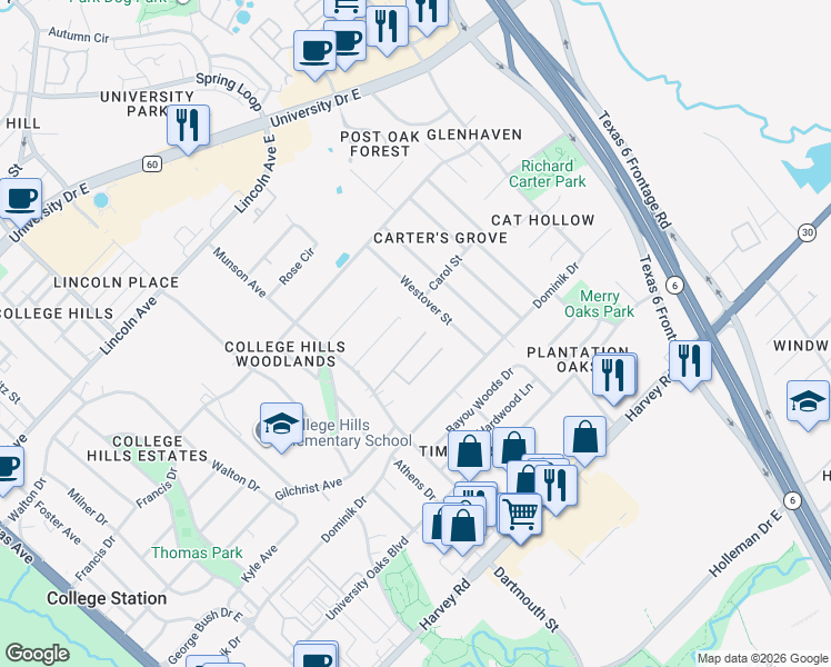 map of restaurants, bars, coffee shops, grocery stores, and more near 1017 Lyceum Court in College Station