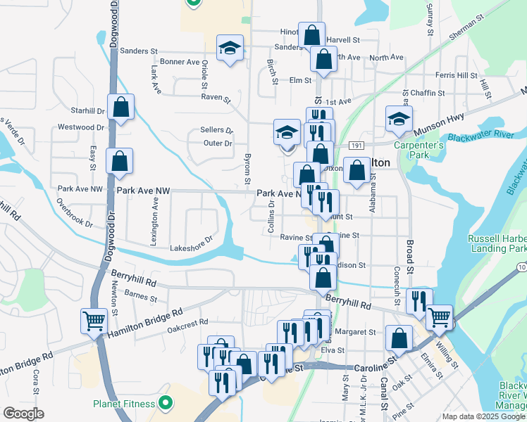 map of restaurants, bars, coffee shops, grocery stores, and more near 6619 Bobby Lane in Milton