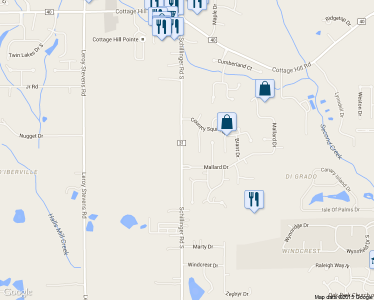map of restaurants, bars, coffee shops, grocery stores, and more near 2937 Schillinger Road South in Mobile