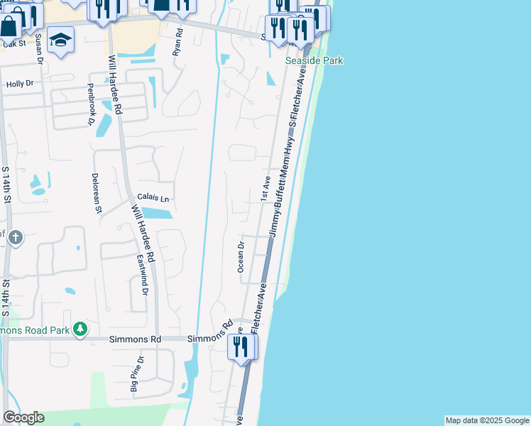 map of restaurants, bars, coffee shops, grocery stores, and more near 2606 1st Avenue in Fernandina Beach