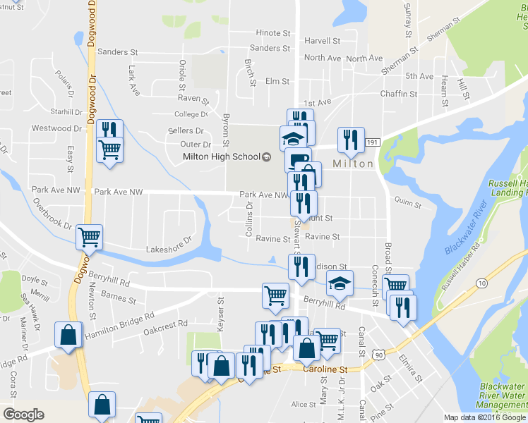map of restaurants, bars, coffee shops, grocery stores, and more near 6656 Hunt Street in Milton