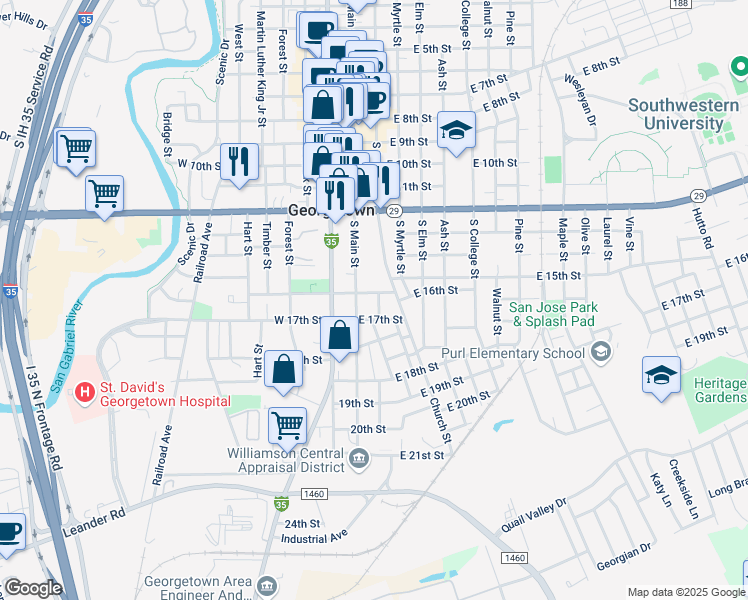 map of restaurants, bars, coffee shops, grocery stores, and more near 1602 George Street in Georgetown