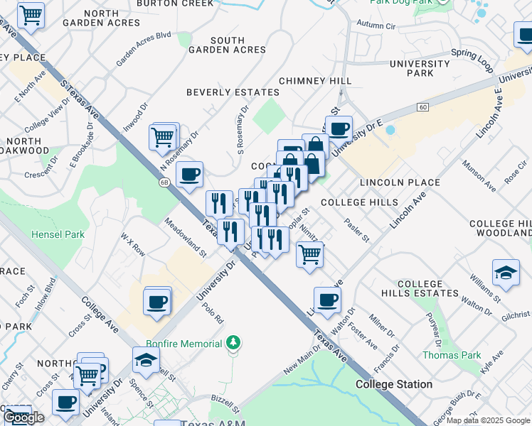 map of restaurants, bars, coffee shops, grocery stores, and more near 413 Eisenhower Street in College Station