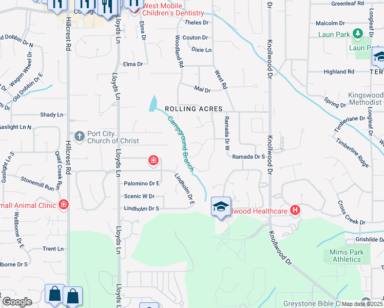 map of restaurants, bars, coffee shops, grocery stores, and more near 5928 Rio Vista Drive in Mobile