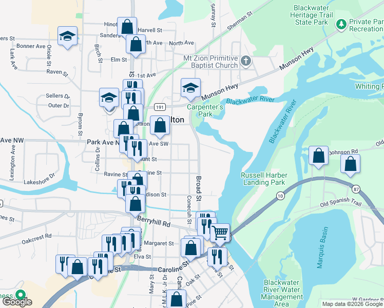 map of restaurants, bars, coffee shops, grocery stores, and more near 5387 Broad Street in Milton