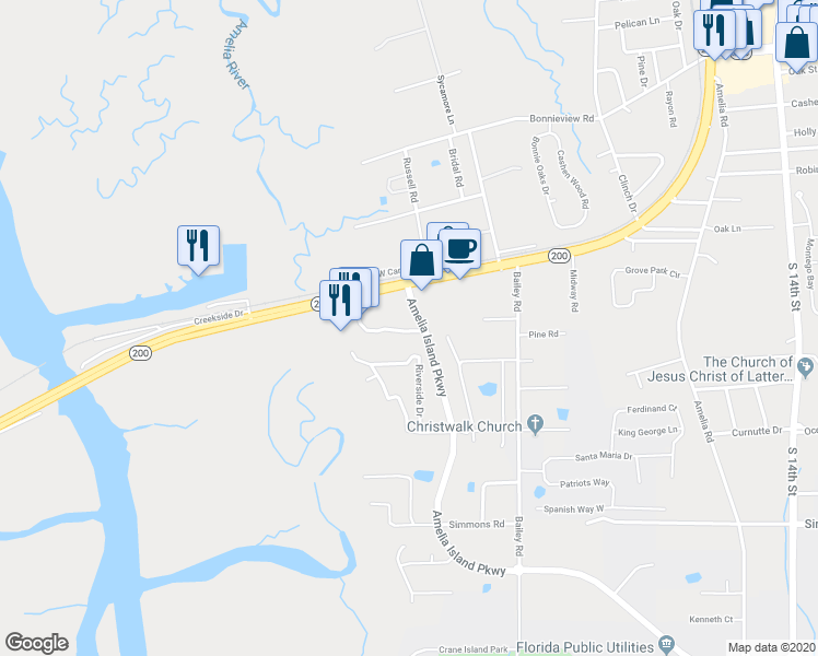 map of restaurants, bars, coffee shops, grocery stores, and more near 96018 Gateway Boulevard in Fernandina Beach